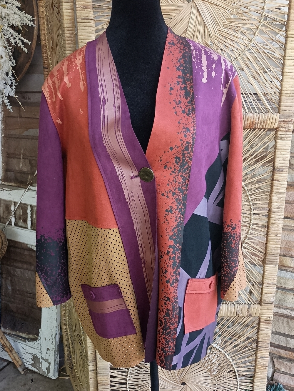 Ali Miles Multicolor Abstract Patchwork Blazer in Purple, Rust & Mustard_Large